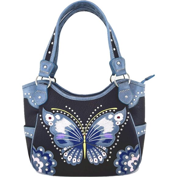 Western Style embroidery butterfly floral leather tote purse women shoulder bag - Picture 2 of 7
